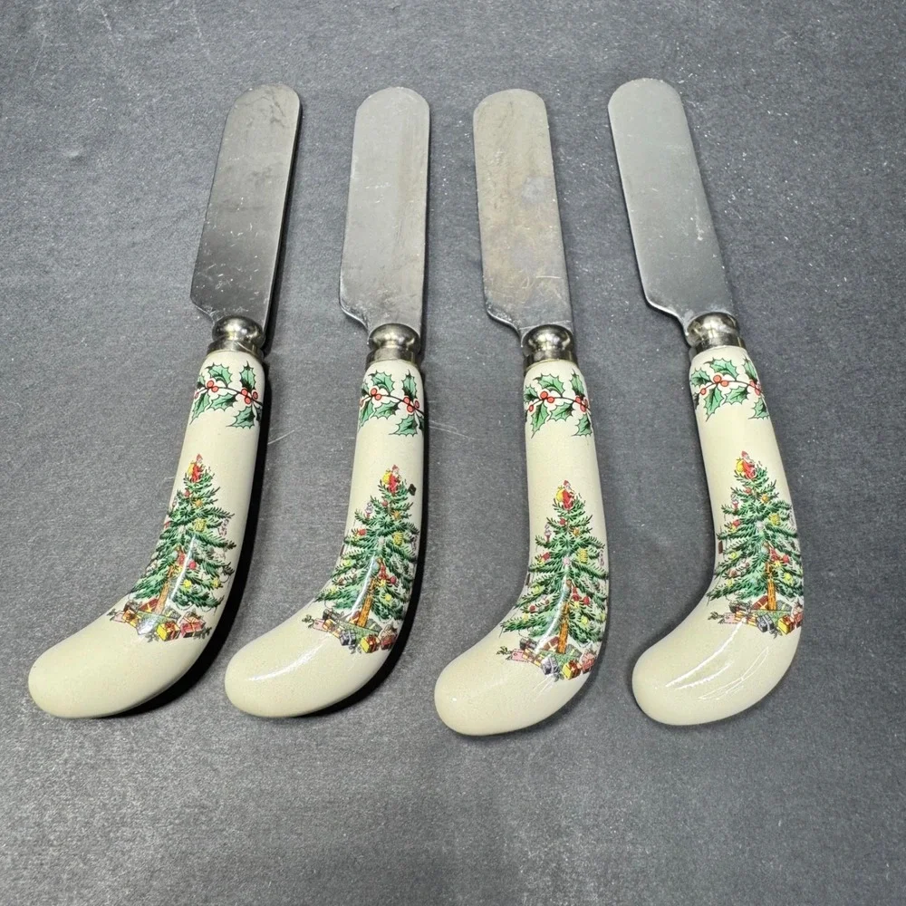 Spode Christmas Tree Cheese Spreaders Set of 4 Stainless Steel Ceramic Handles
